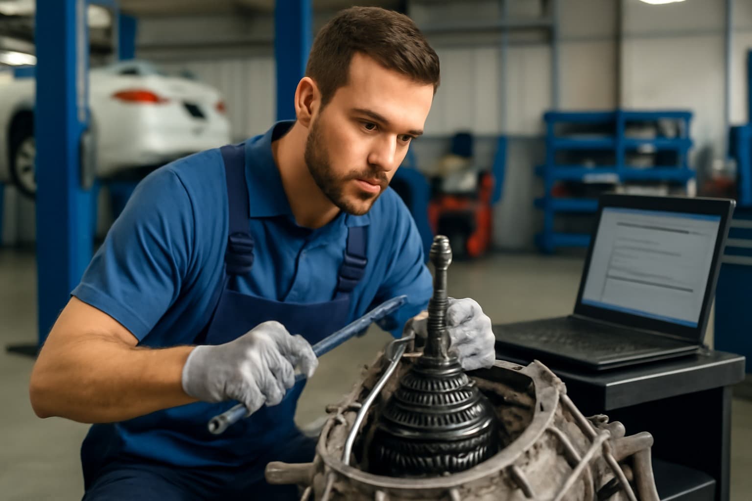 Technician using a laptop beside a mechanical component